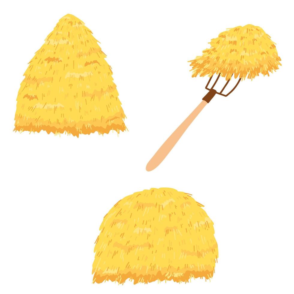 Agricultural haycock in cartoon flat style, rural hay rolled stack, dried farm haystack. Vector illustration of fodder straw