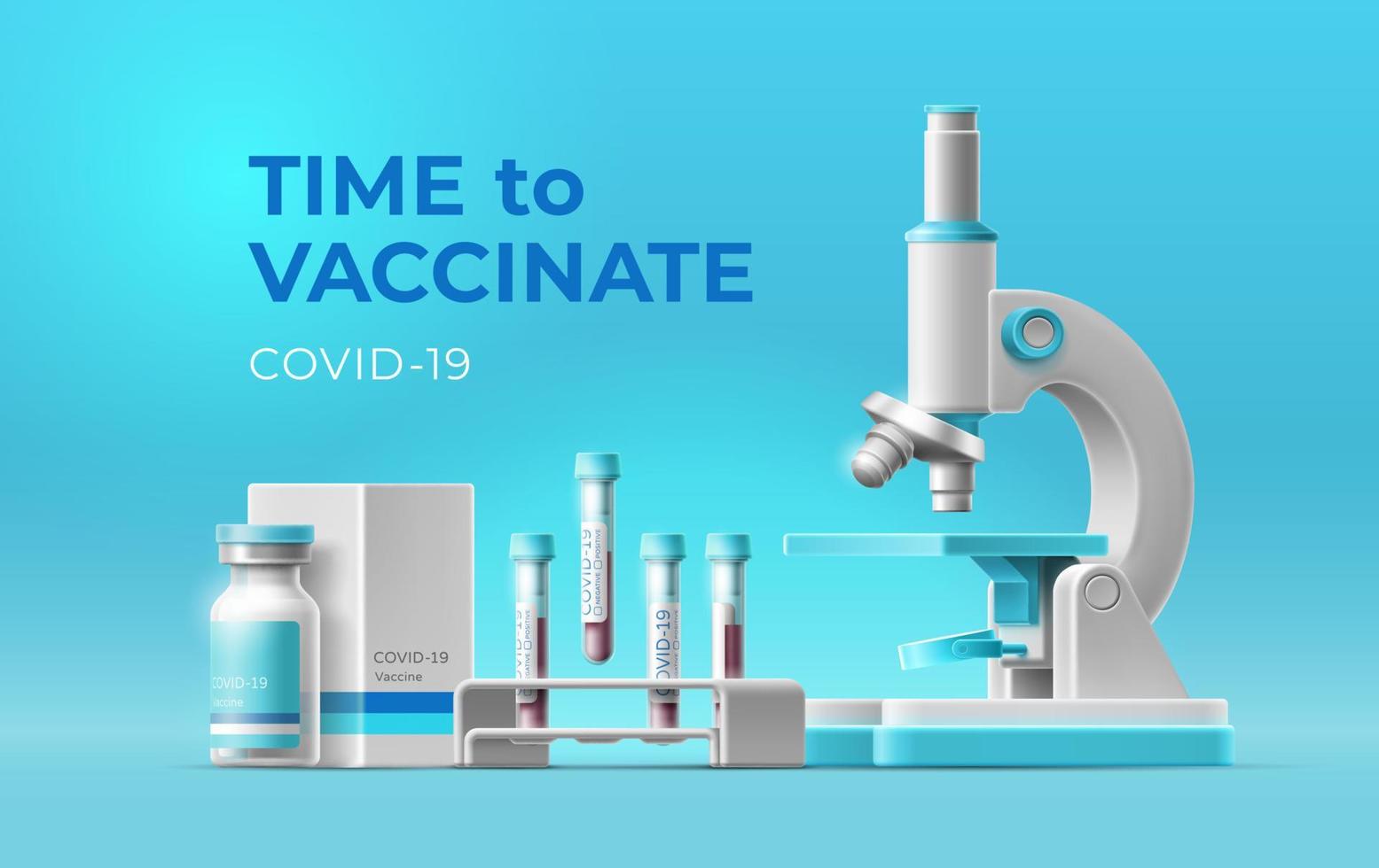 pancarta con tiempo de inscripción para vacunar y microscopio, una ampolla de vacuna covid, tubos de análisis de sangre con estante. ilustración 3d realista. plantilla de vector de dibujos animados para infografías médicas