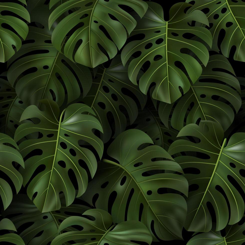 ilustración botánica con hojas verdes tropicales 3d monstera sobre fondo oscuro. patrón transparente realista para textil, estilo hawaiano, papel pintado, sitios, tarjeta, tela, diseño web. plantilla vectorial vector