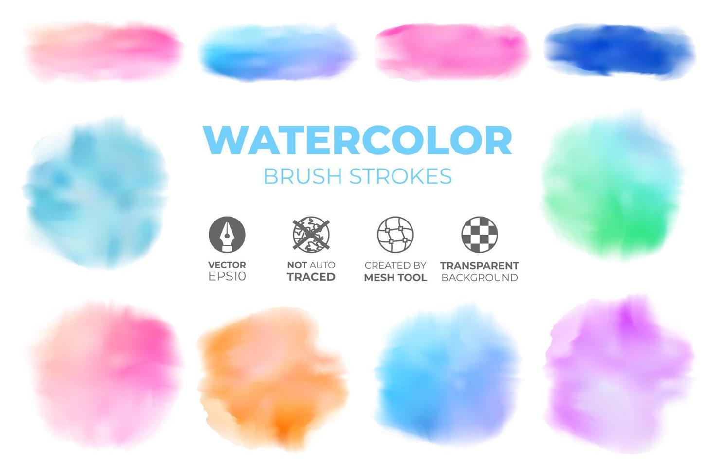 Set of colorful realistic watercolor brush strokes on an isolated transparent background. Vector illustration created by Mesh tool for wallpaper, print design, background. EPS10