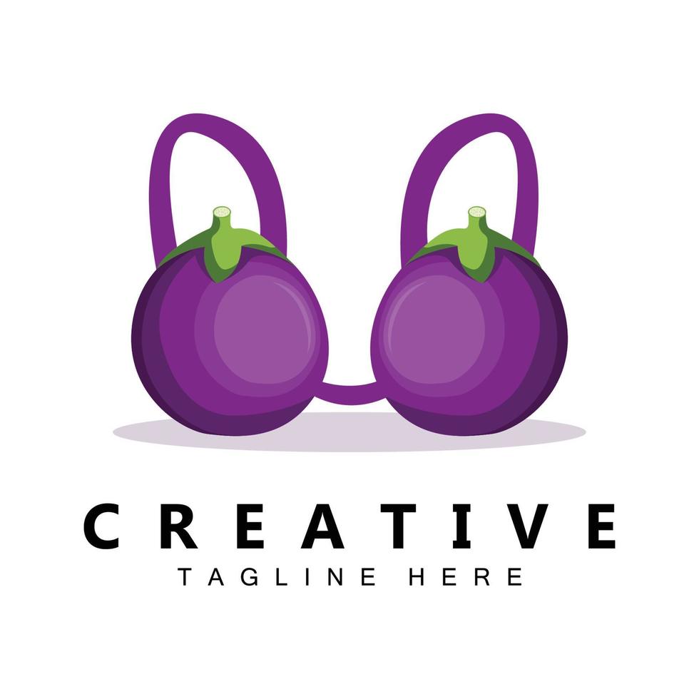 diseño de logotipo de berenjena, vector de rendimiento de granja de ilustración vegetal púrpura, plantilla de icono de marca de producto de vector de sujetador de berenjena