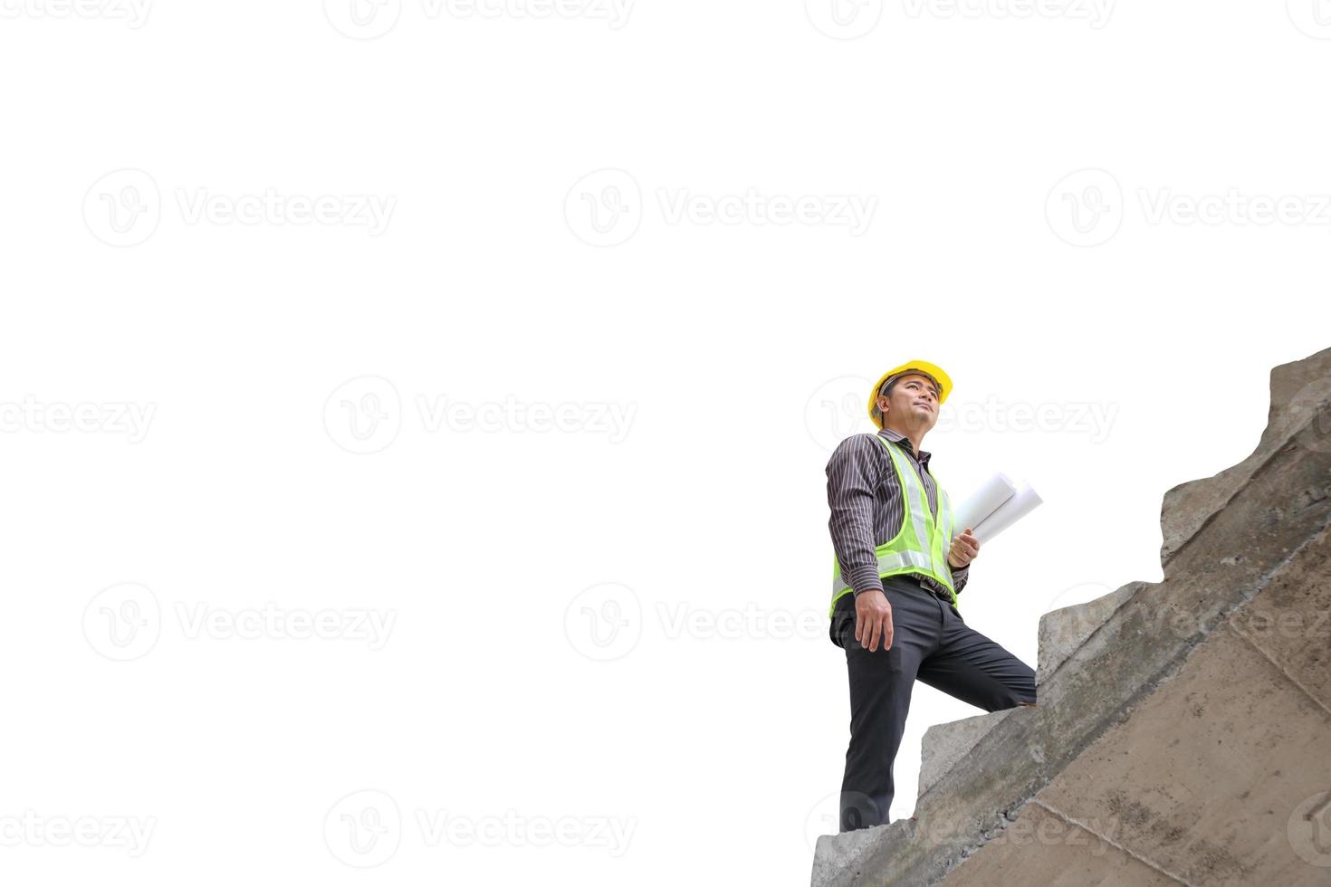 Asian business man construction engineer hold blueprint paper walking up stairway isolated on white background with clipping path, career growth success concept photo