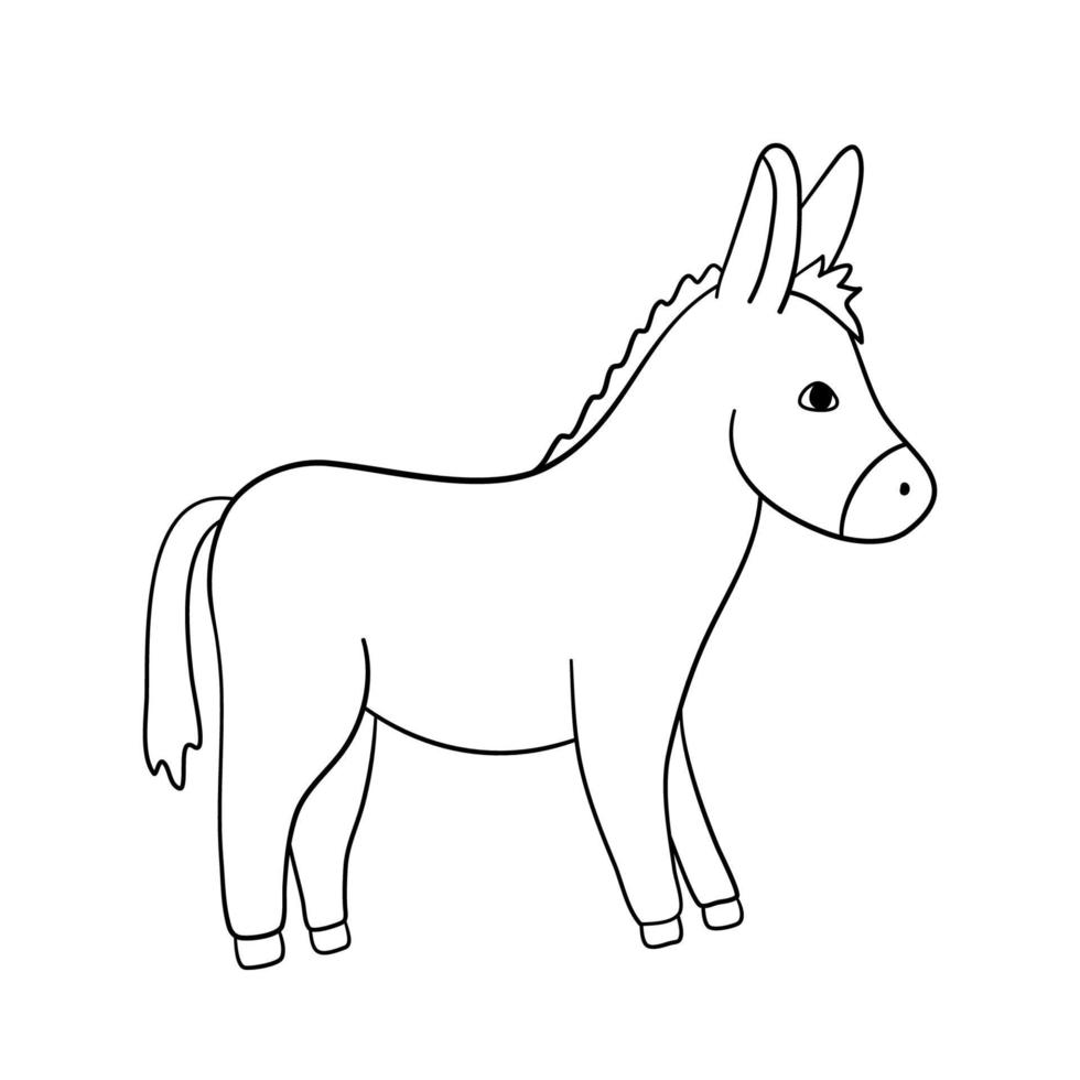 Cute outline donkey character isolated on white background. Baby vector line illustration with farm animal for coloring book