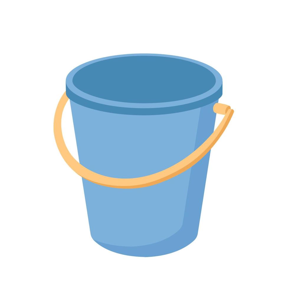 Blue plastic pail with yellow handle. Bucketful for washing and