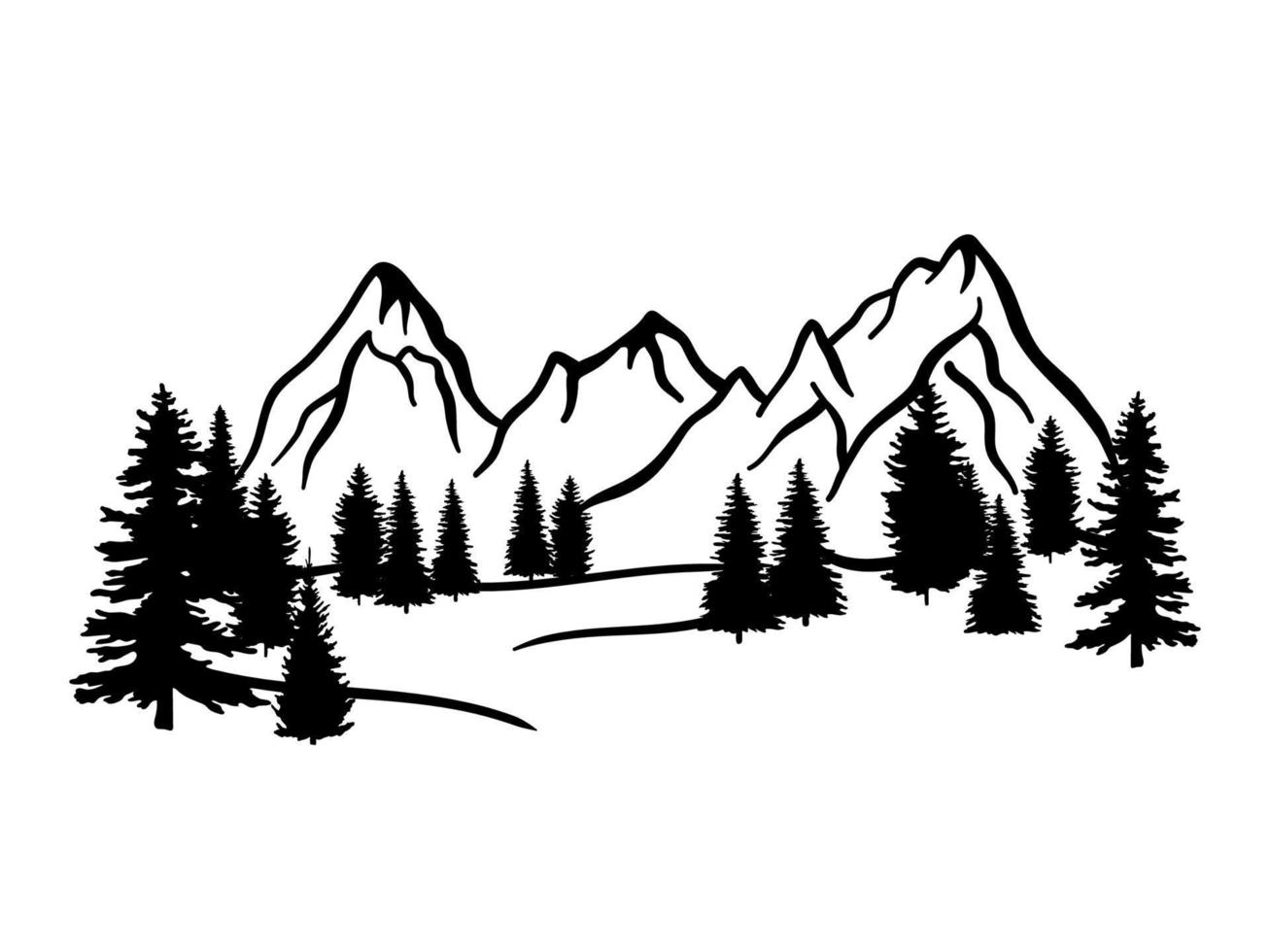 Mountain ranges and tree sketch. Vector illustration isolated on white background. Doodle drawing landscape