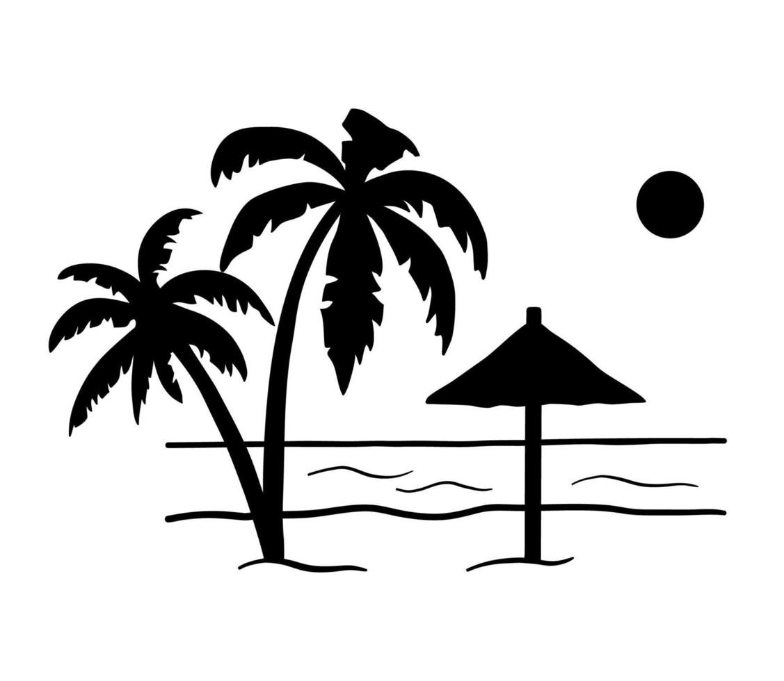 Black silhouette of seashore with palm trees and umbrella. Vacation on ocean, summer seaside resort. Vector illustration of isolated on white background