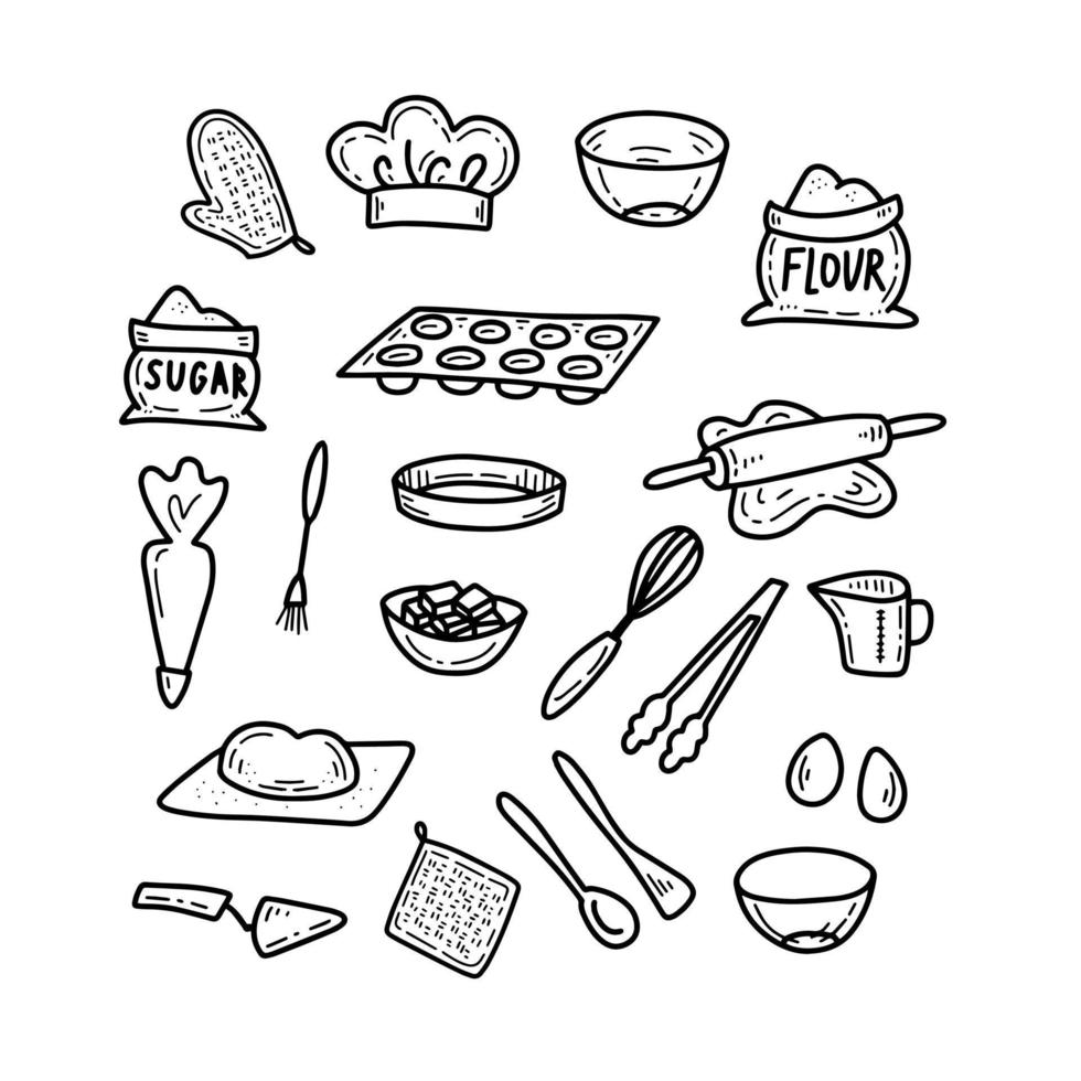 Doodle kitchen objects set vector