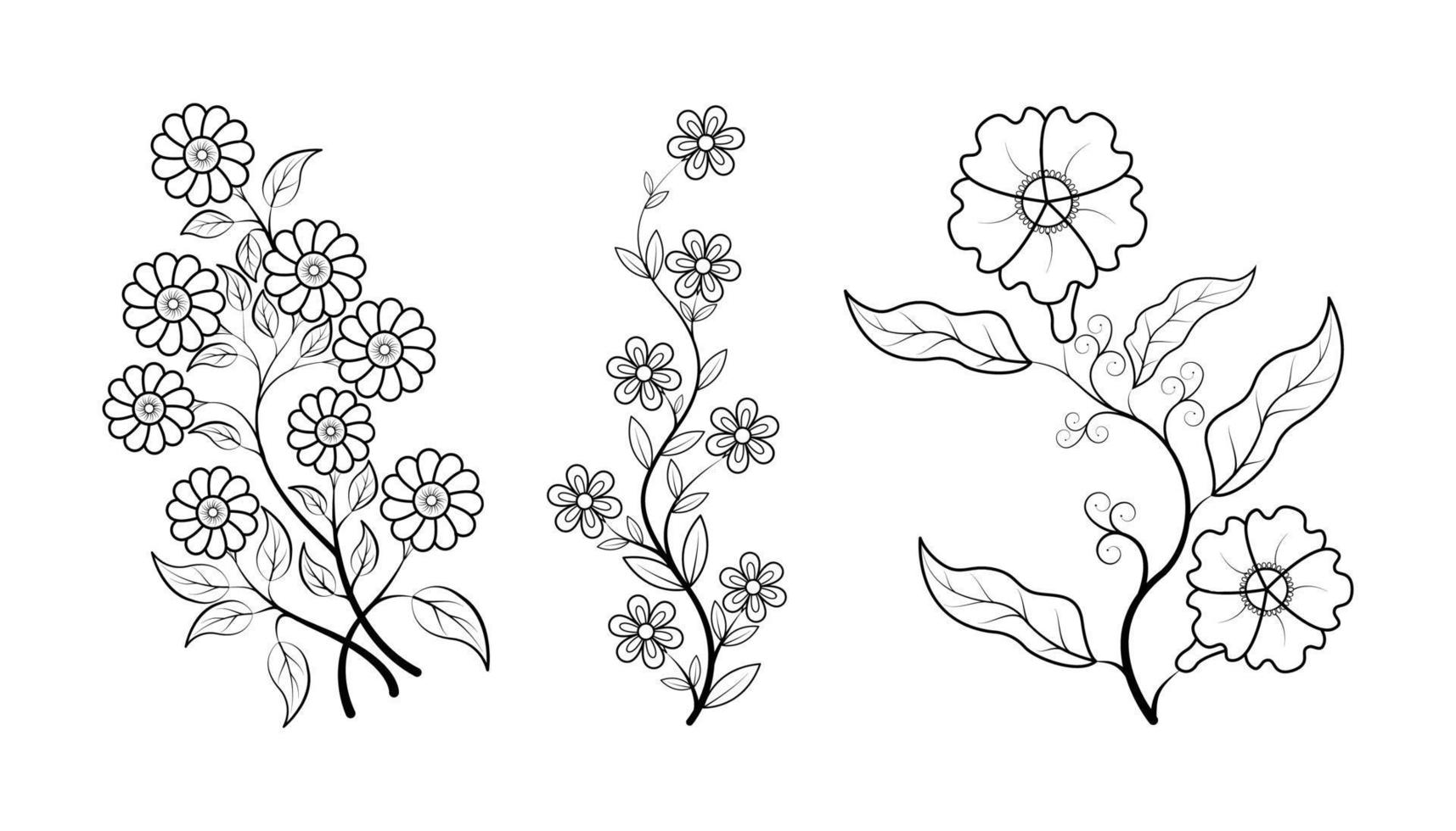 conjunto de páginas para colorear de flores simples dibujadas a mano con líneas florales para niños y adultos vector