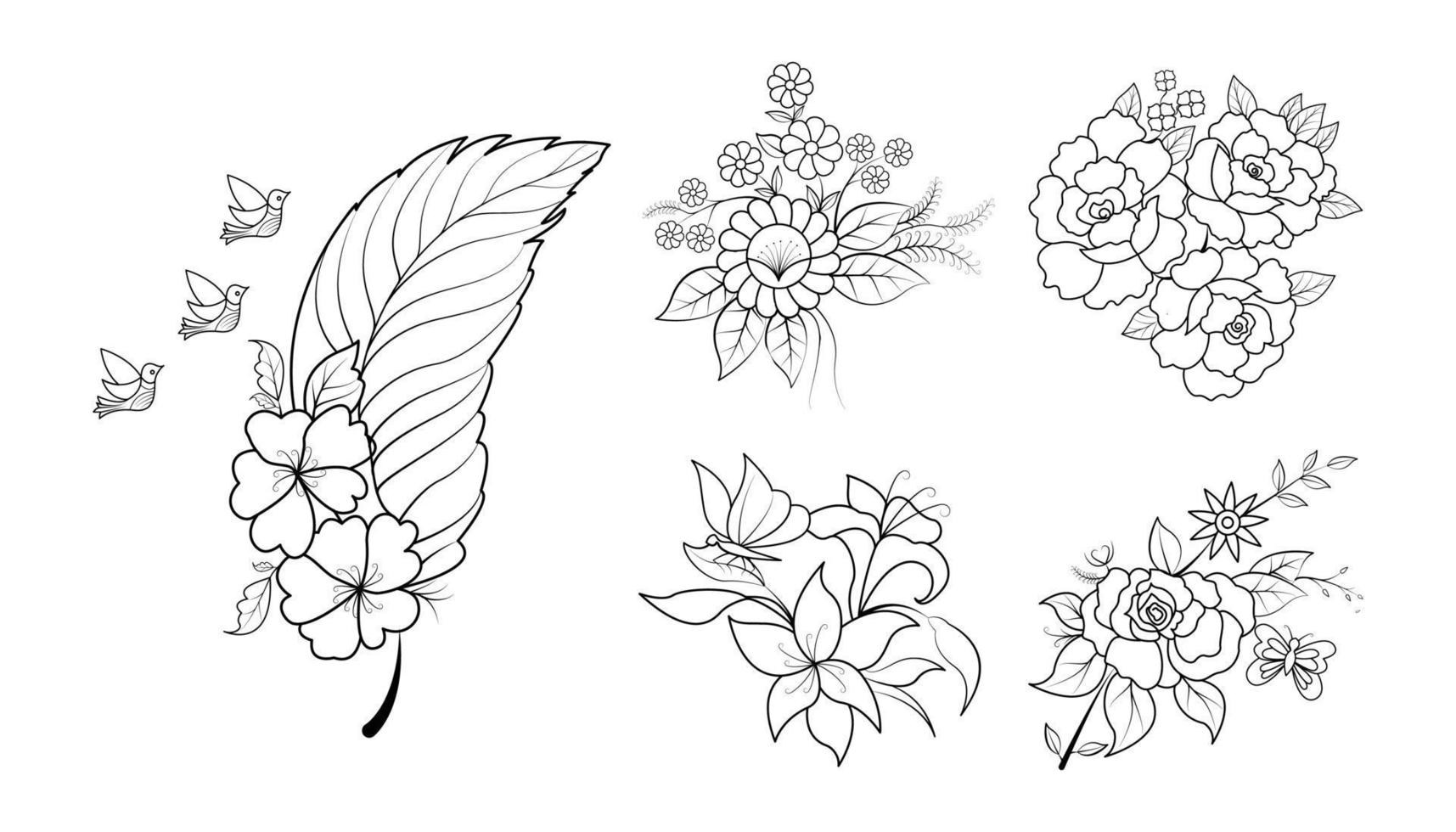 Set of floral line art hand drawn simple flower coloring pages for kids and adult vector