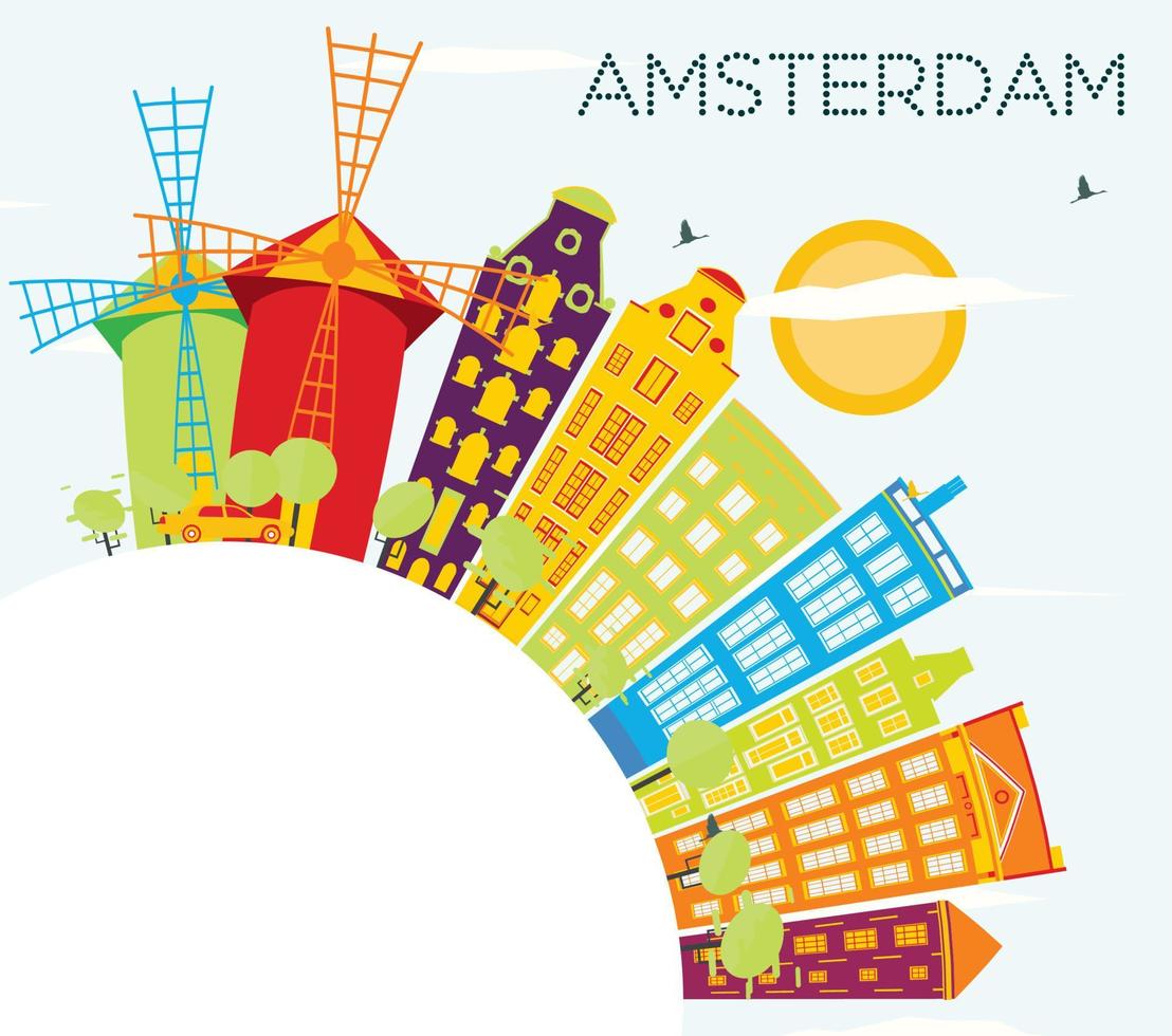 Amsterdam Skyline with Color Buildings, Blue Sky and Copy Space. vector