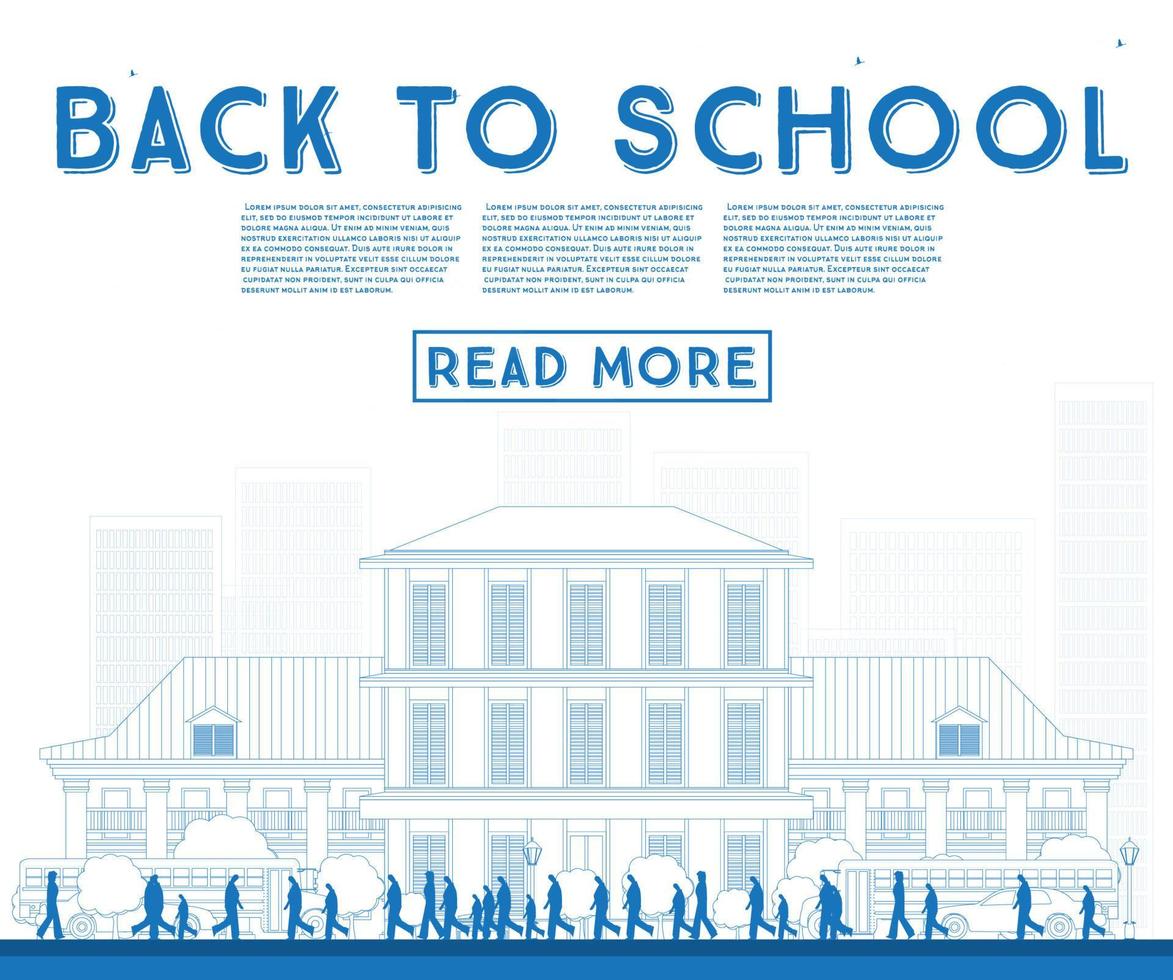Outline Back to School. Banner with School Bus, Building and Students. vector