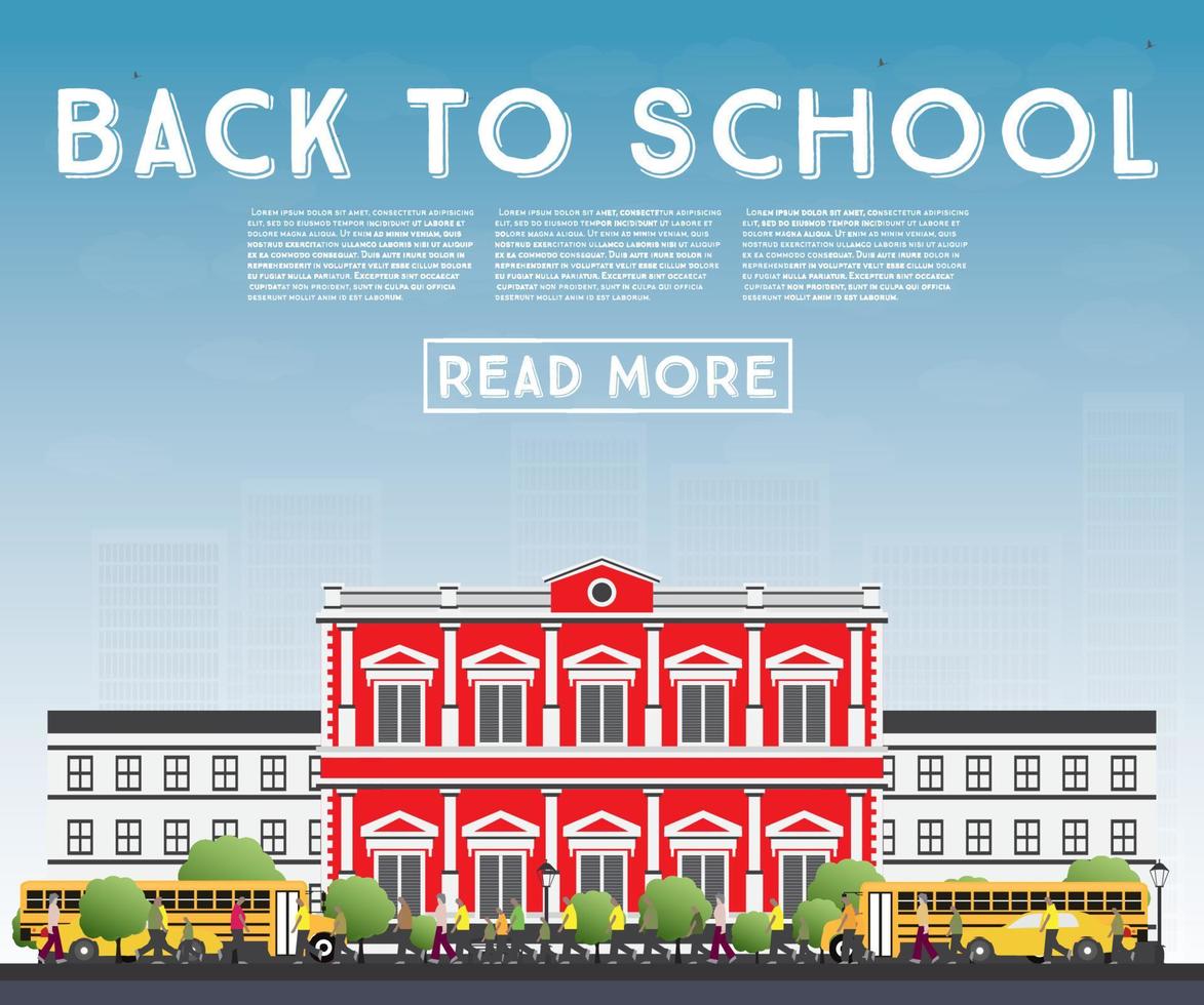 Back to School. Banner with School Bus, Building and Students. vector
