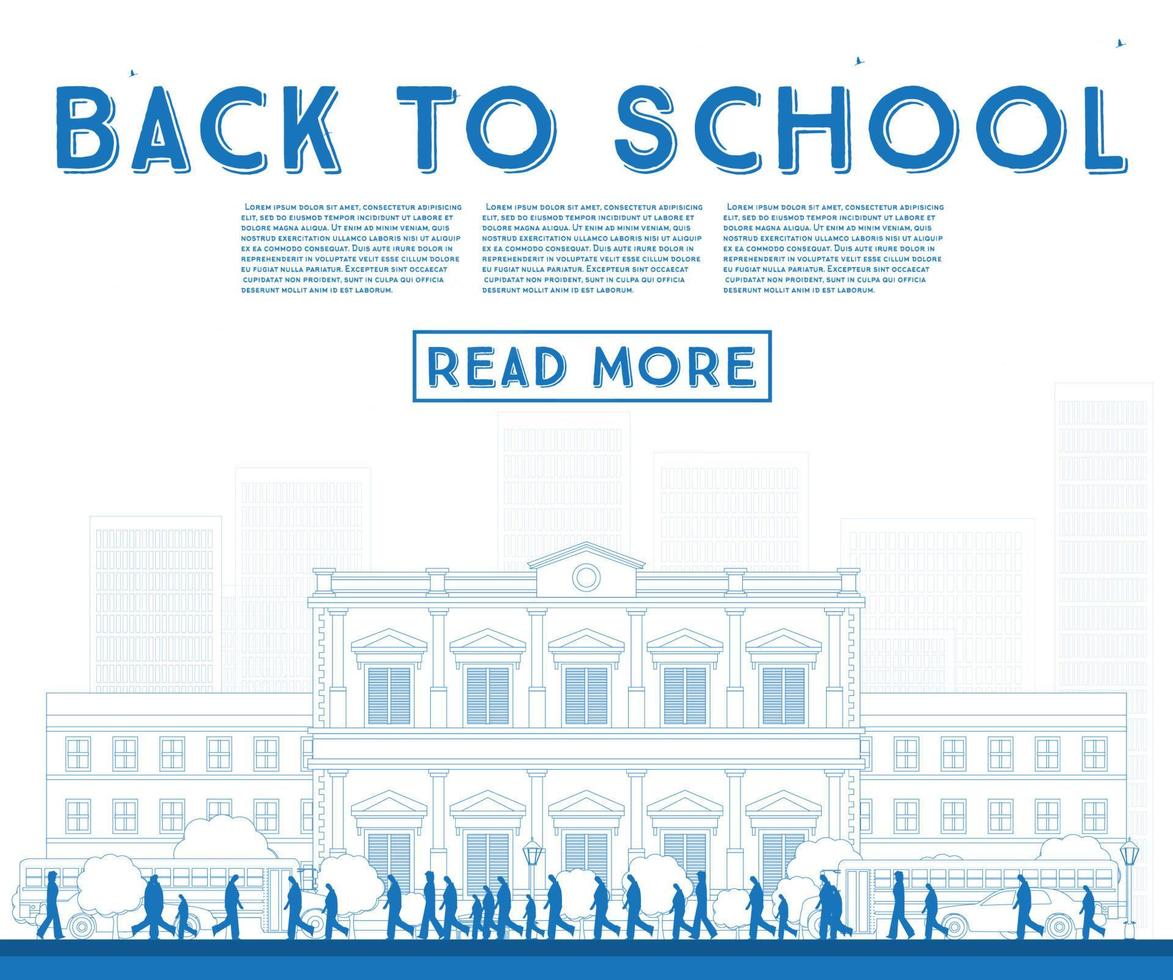 Outline Back to School. Banner with School Bus, Building and Students. vector