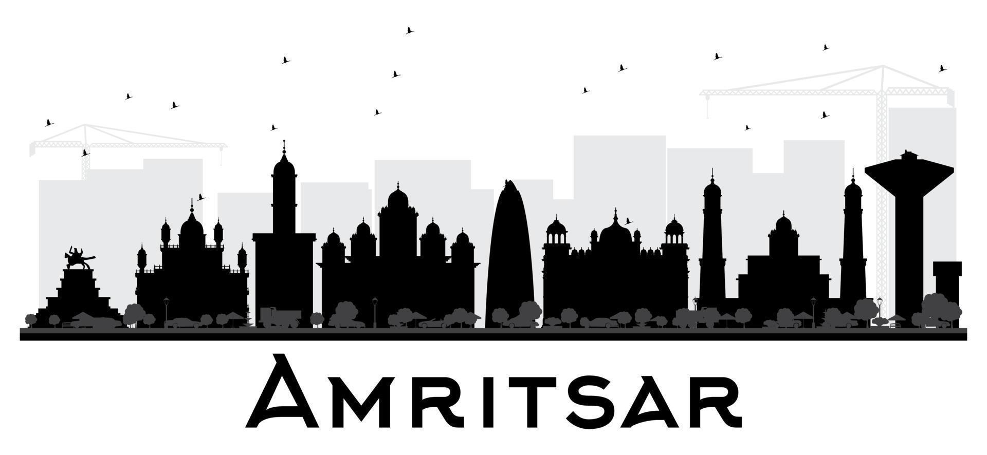 silueta en blanco y negro del horizonte de la ciudad de amritsar. vector