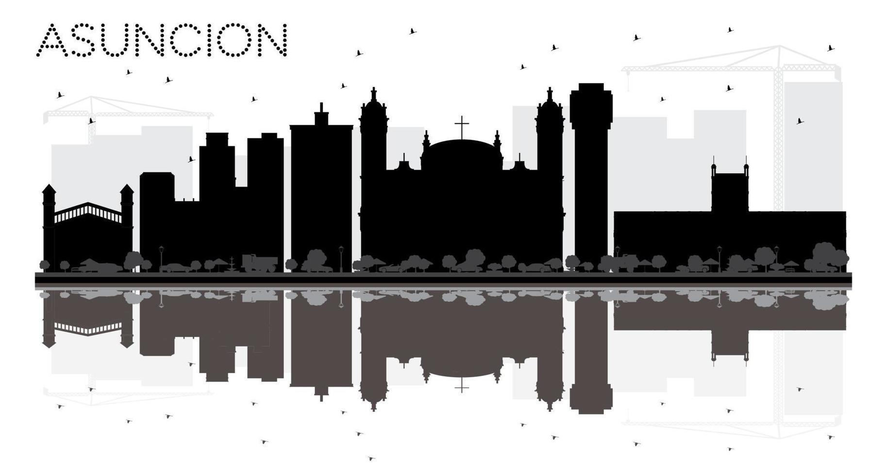 Asuncion Paraguay City skyline black and white silhouette with Reflections. vector