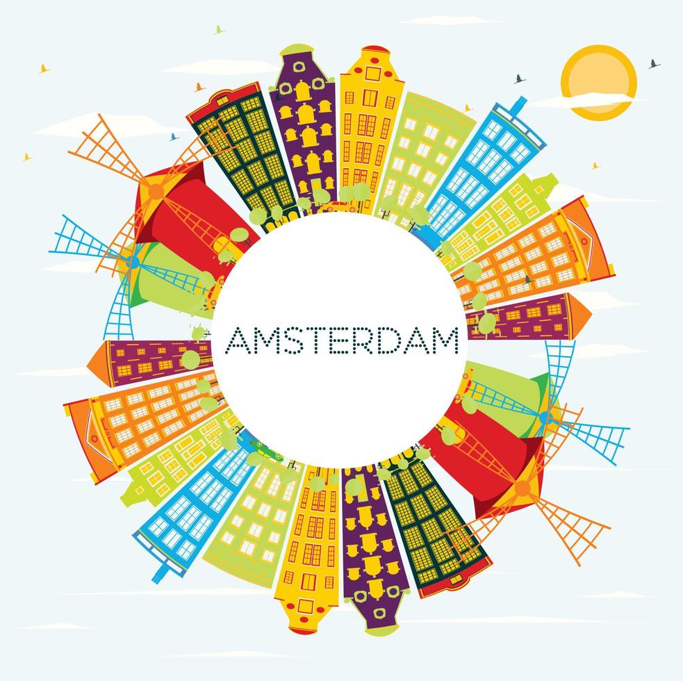 horizonte de amsterdam con edificios de color, cielo azul y espacio de copia. vector