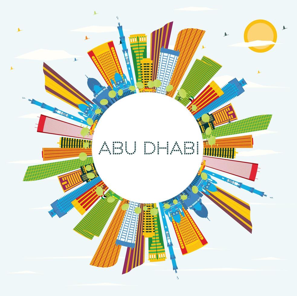 horizonte de abu dhabi con edificios de color, cielo azul y espacio de copia. vector