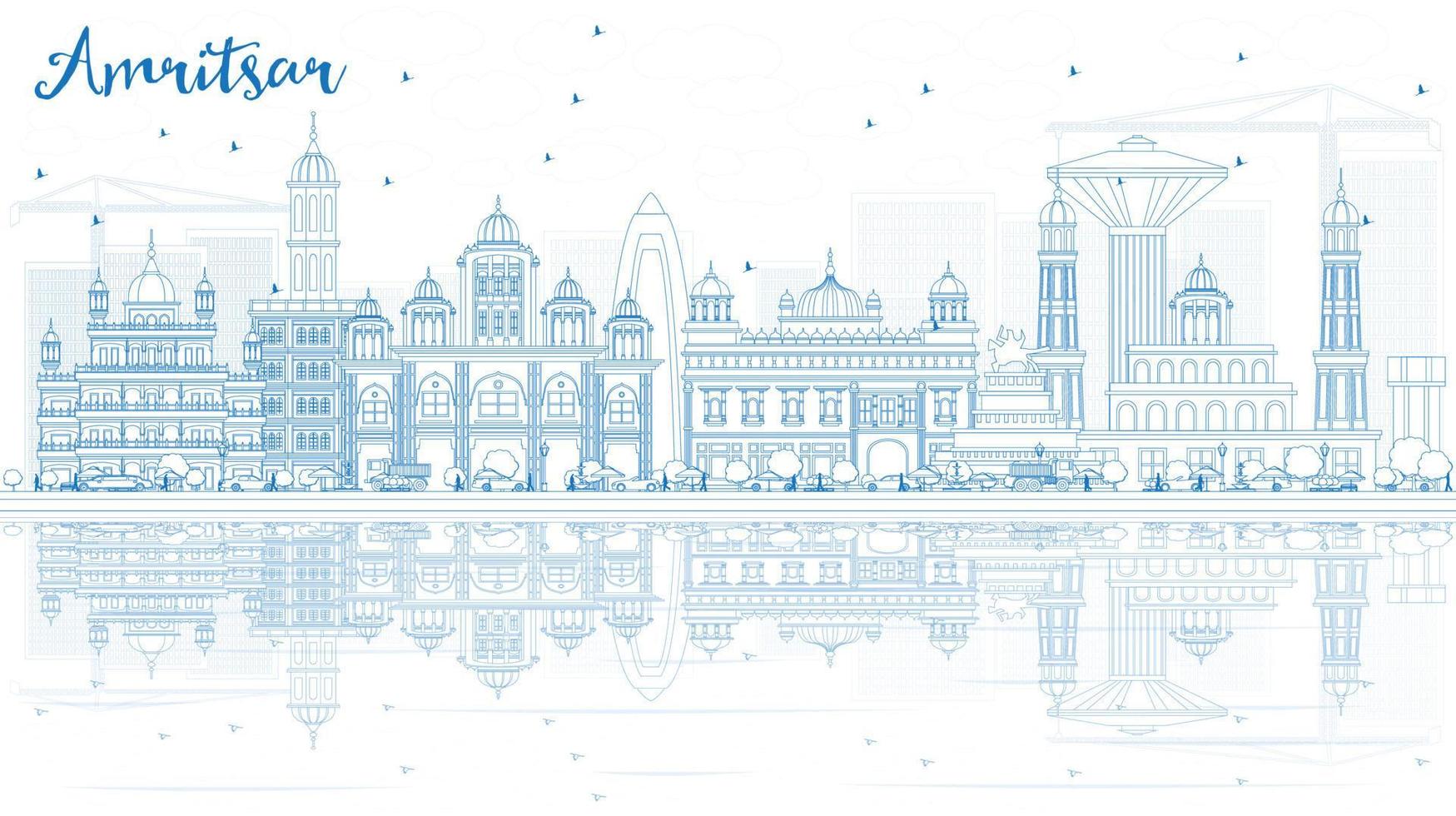 Outline Amritsar Skyline with Blue Buildings and Reflections. vector