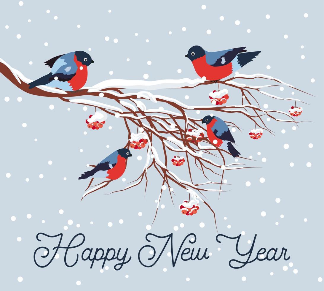 Bullfinch sitting on snow-covered branch of mountain ash. Christmas and New Year design greeting cards vector