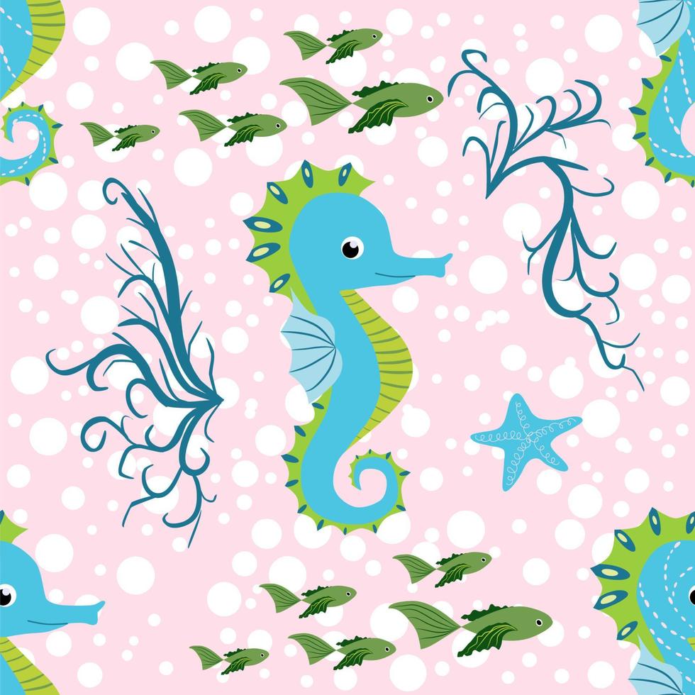 Seamless pattern with detailed transparent jellyfish. Childish seamless pattern with cute hand drawn fishes and jellyfishes in doodle style. Trendy nursery background vector