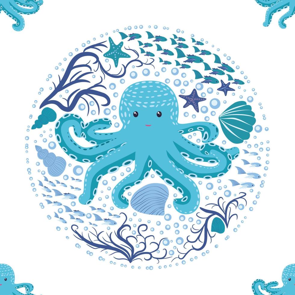 Seamless pattern with cute octopus, seaweed and pearl. Trendy nursery background vector