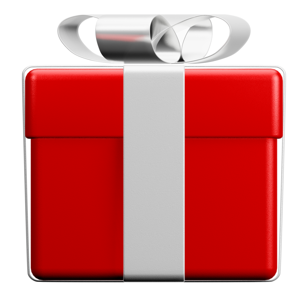 caja de regalo roja con cinta blanca fiesta de navidad ortográfica png. Representación 3d celebrar caja sorpresa icono realista png