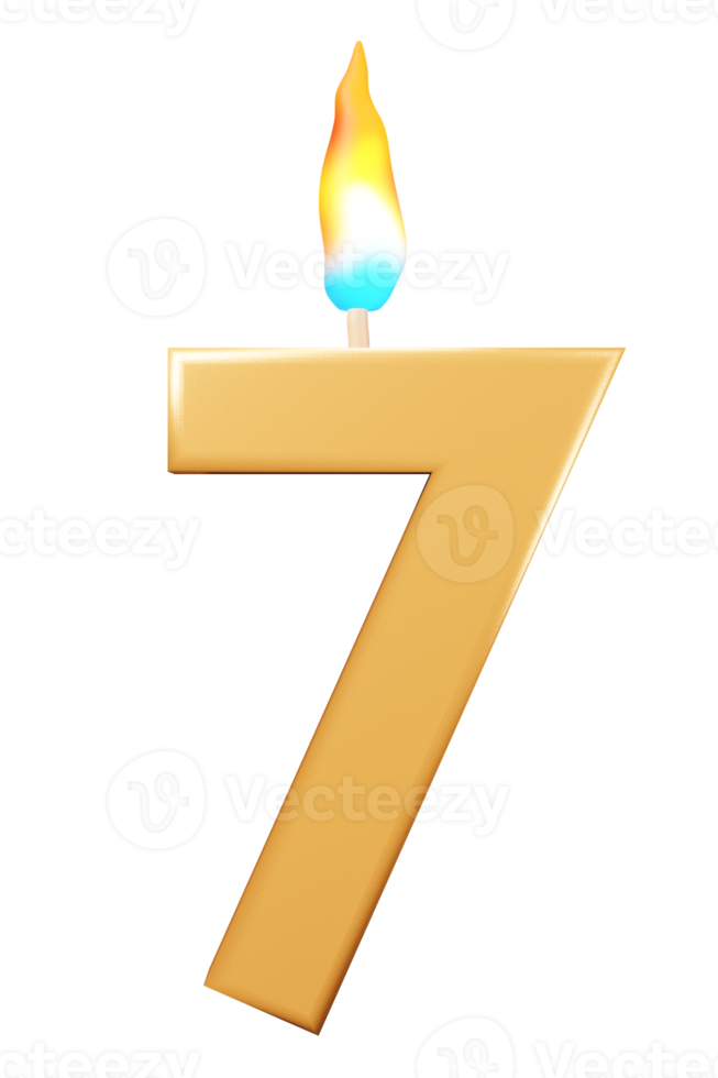 Birthday candles number 7 with burning flames. 3d rendering celebration symbol png