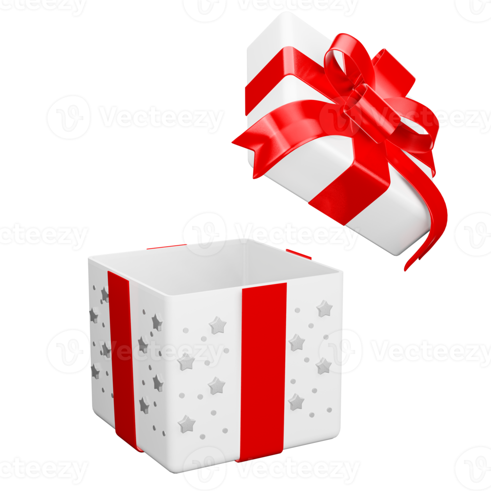 White open gift box red ribbon with star pattern christmas party png. 3d rendering celebrate surprise box realistic icon png