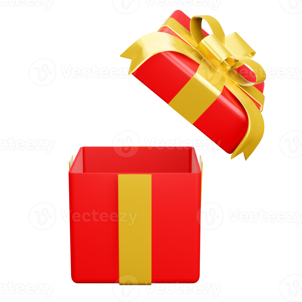 Red open gift box with gold ribbon christmas party png. 3d rendering celebrate surprise box realistic icon png