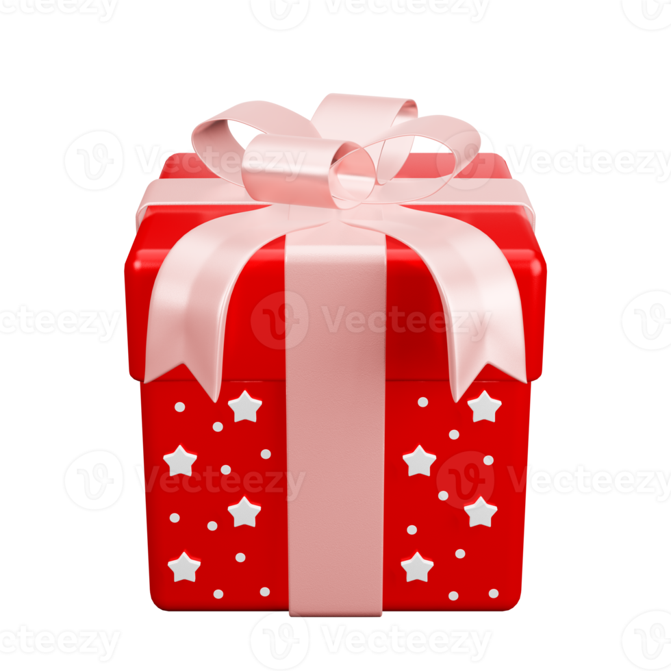 Red gift box pink ribbon with white star pattern christmas party png. 3d rendering celebrate surprise box realistic icon png