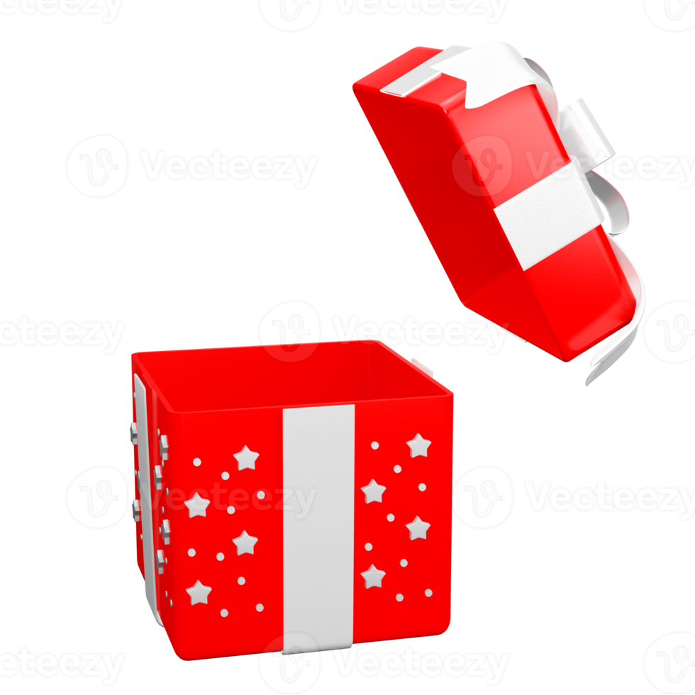 rood Open geschenk doos ster patroon met wit lint Kerstmis partij png. 3d renderen vieren verrassing doos realistisch icoon png