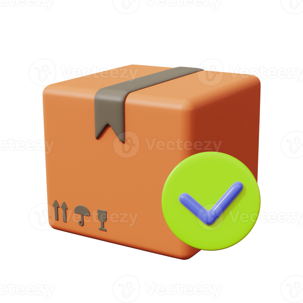 Delivery box with check mark. Parcel Security. 3d render png