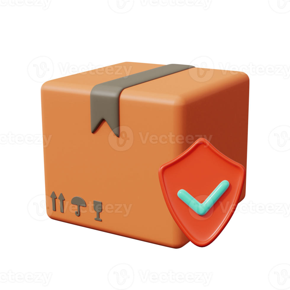 Safe delivery icon. Packing box with shield symbol. Goods delivery guarantee. 3d render png