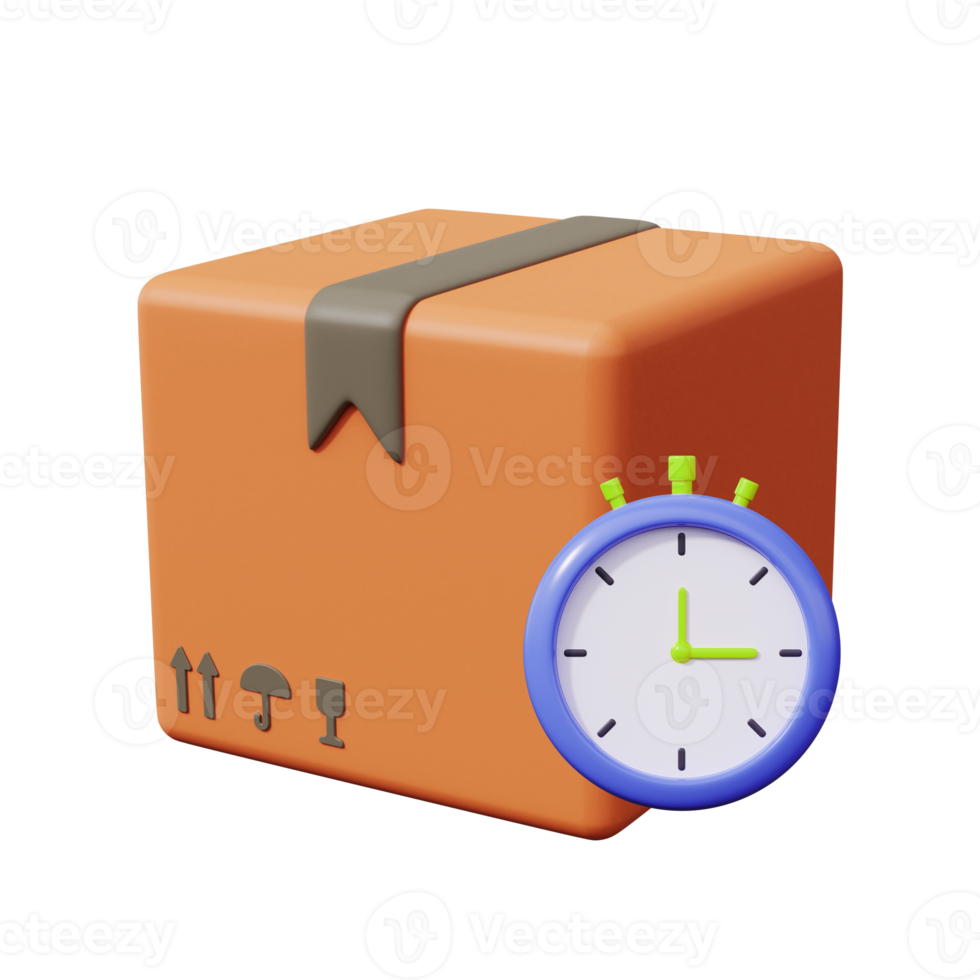 Parcel box with stopwatches. Express delivery icon. 3d render png