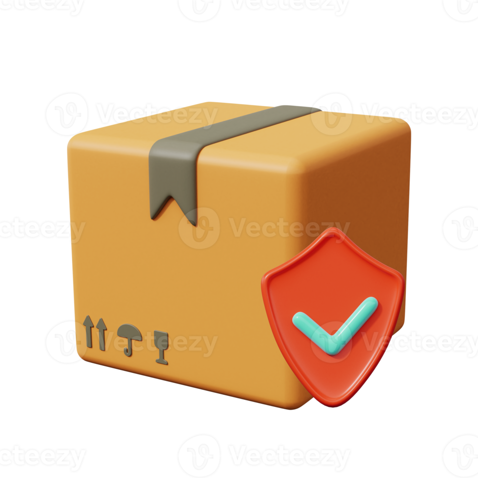 Safe delivery icon. Packing box with shield symbol. Goods delivery guarantee. 3d render png