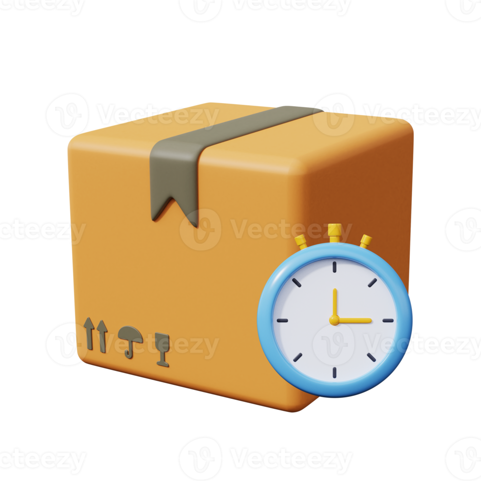 Parcel box with stopwatches. Express delivery icon. 3d render png