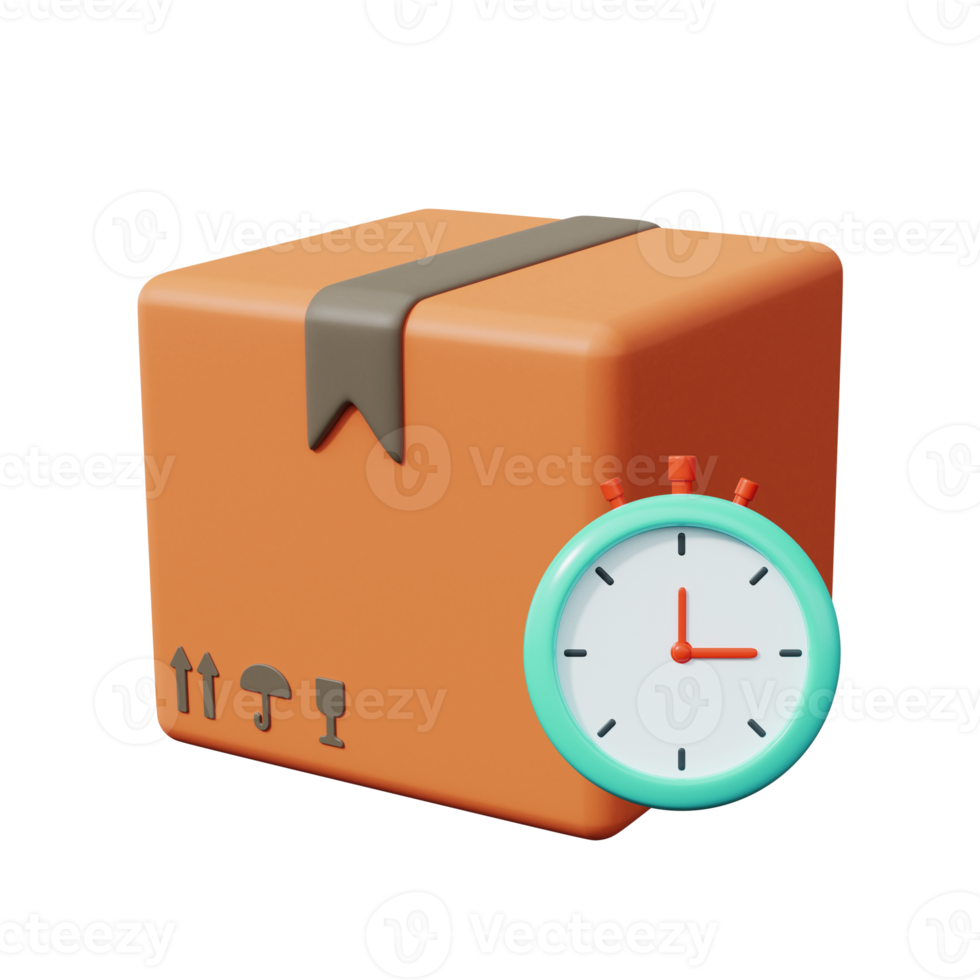 Parcel box with stopwatches. Express delivery icon. 3d render png