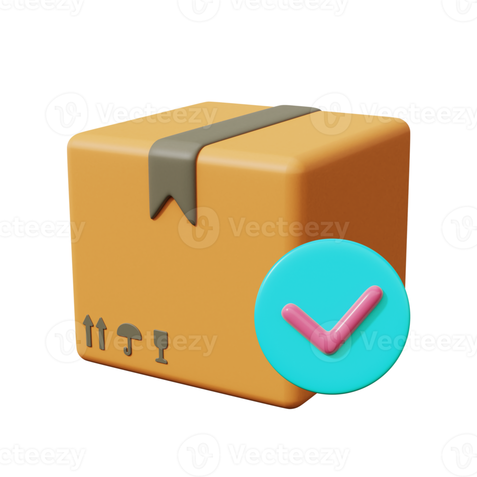 Delivery box with check mark. Parcel Security. 3d render png