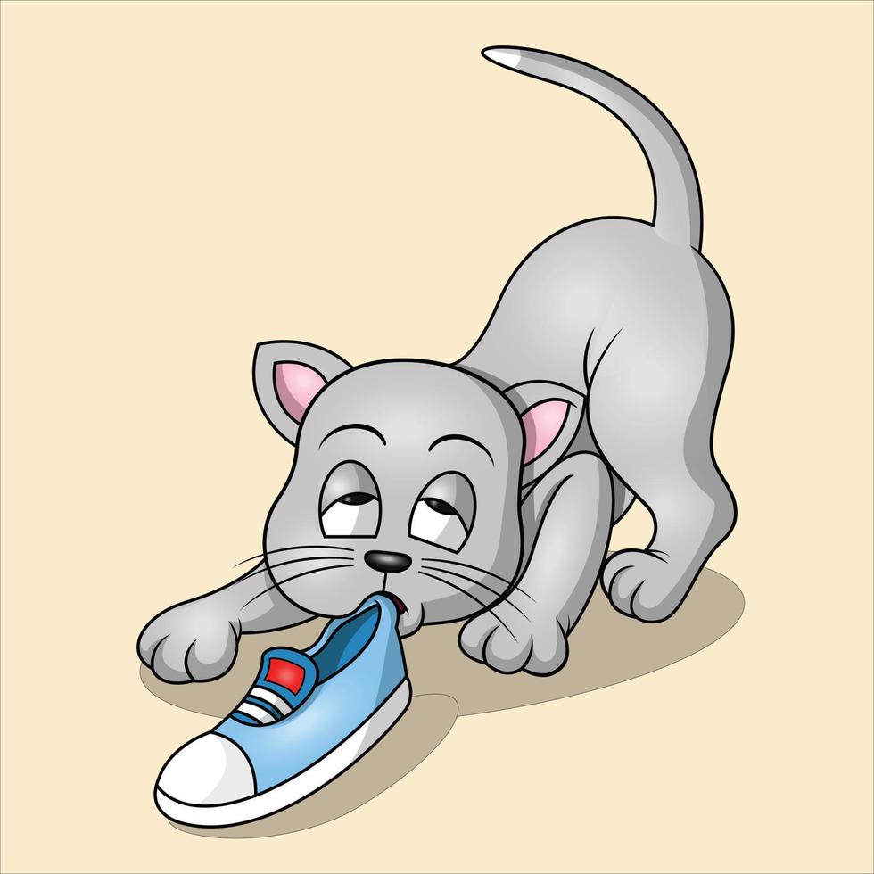 a cute cat is biting a shoe vector