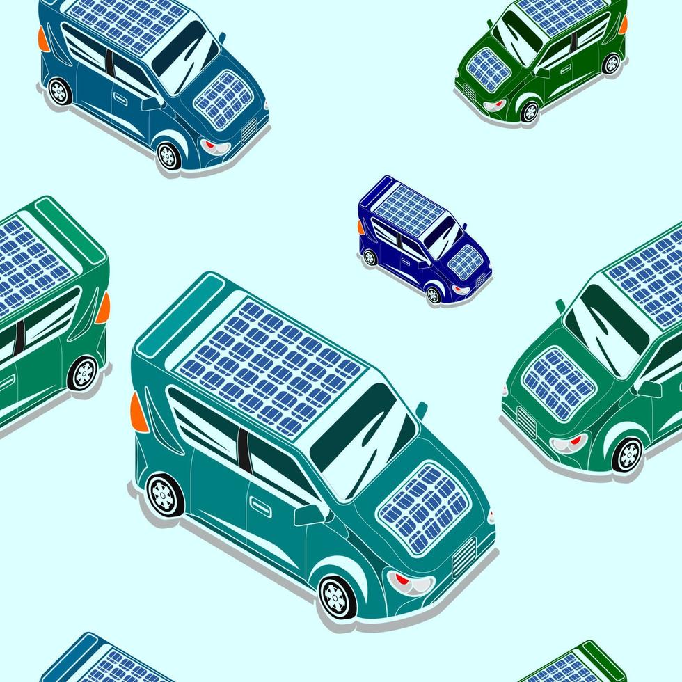 Editable Isometric-like Three-Quarter Top View Solar Electric Car Vector Illustration Seamless Pattern for Background of Futuristic Eco-friendly Vehicle and Green Life or Renewable Energy Campaign