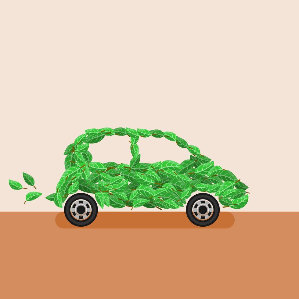 Editable Leaves Vector Illustration as Side View Car for Green Life and Eco-Friendly Renewable Energy Campaign
