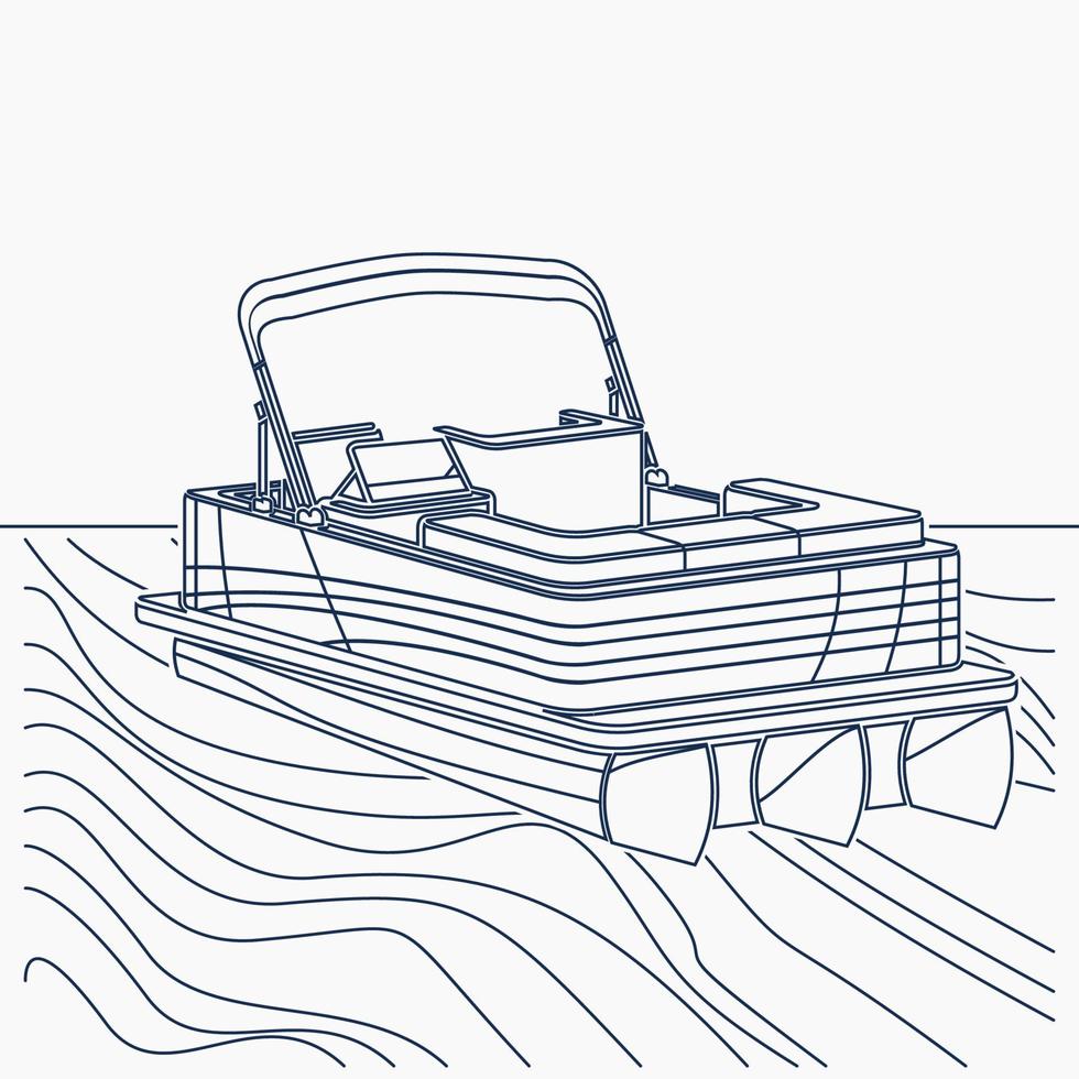 Editable Empty  Semi Top Three-Quarter Oblique Front View American Pontoon Boat on a Wavy Lake Vector Illustration in Outline Style for Transportation or Recreation Related Design