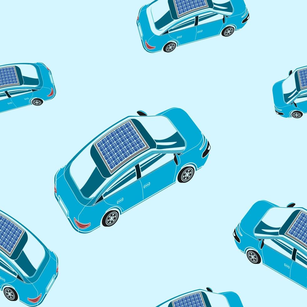 Editable Vector Illustration Seamless Pattern of Top Oblique Side Back View Electric Cars With Solar Panel for Background of Futuristic Eco-friendly Vehicle and Green Life or Renewable Energy Campaign