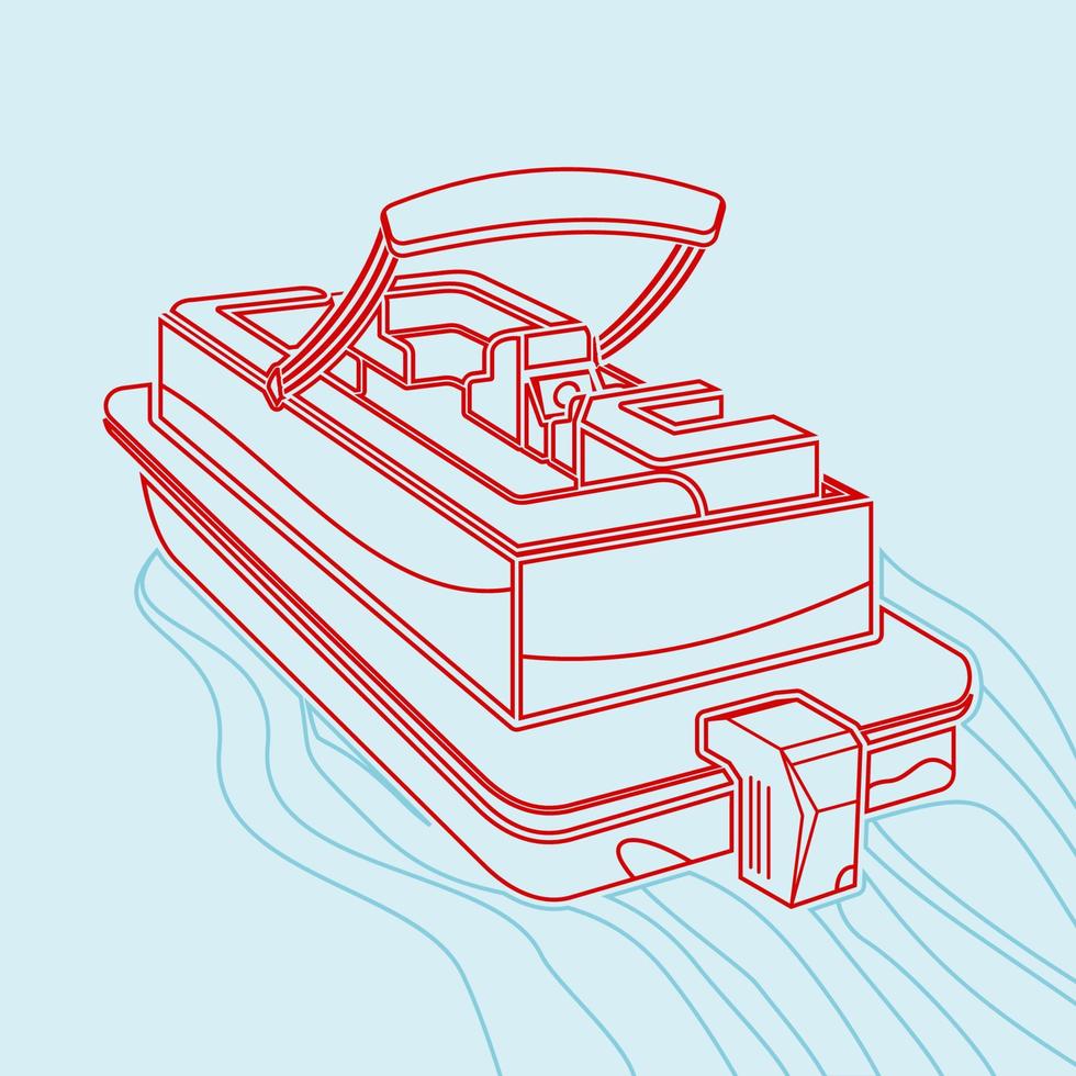 bote de pontón con vista trasera oblicua superior de tres cuartos editable en la ilustración de vector de lago ondulado en estilo de contorno para el diseño relacionado con el transporte o la recreación