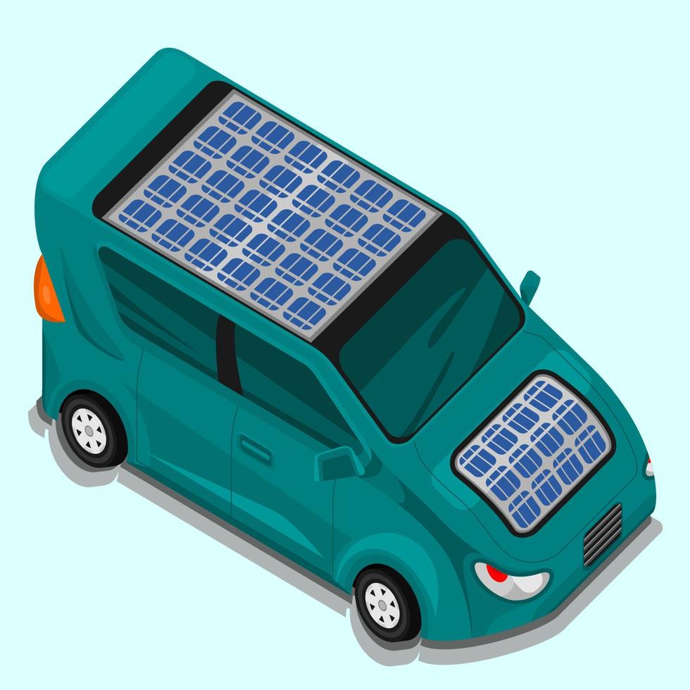 Editable Isolated Isometric-like Three-Quarter Top Oblique Side Front View Electric Car With Solar Panel for Futuristic Eco-friendly Vehicle and Green Life or Renewable Energy Campaign vector