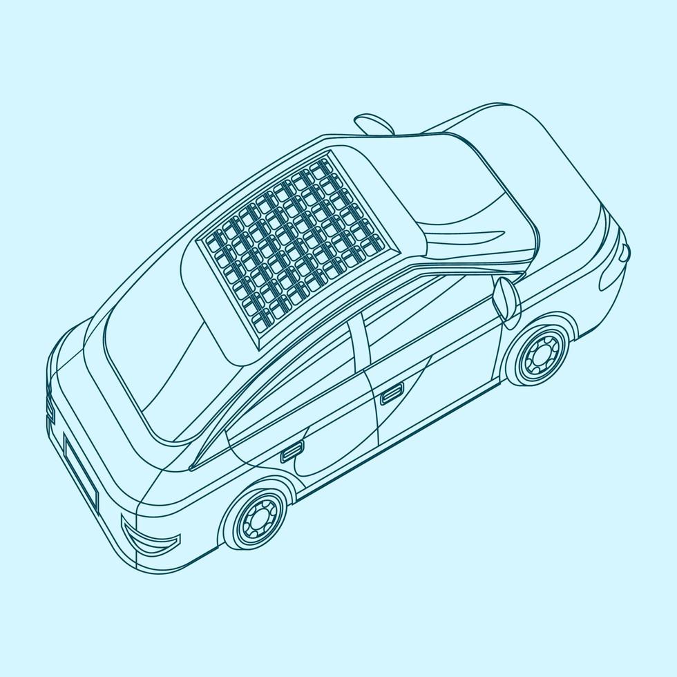Editable Outline Style Vector Illustration of Three-Quarter Top Oblique Side Back View Electric Car With Solar Panel for Futuristic Eco-friendly Vehicle and Green Life or Renewable Energy Campaign