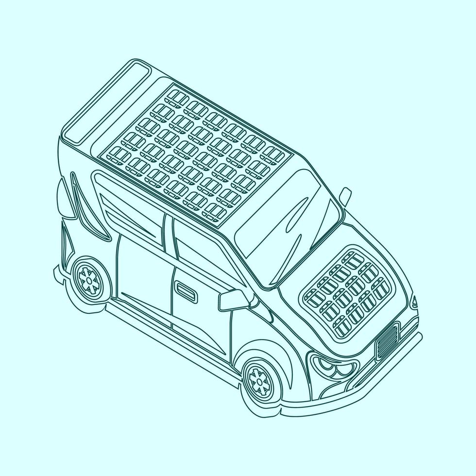Editable Outline Style Isometric-like Three-Quarter Top Oblique Side Front View Electric Car With Solar Panel for Futuristic Eco-friendly Vehicle and Green Life or Renewable Energy Campaign vector