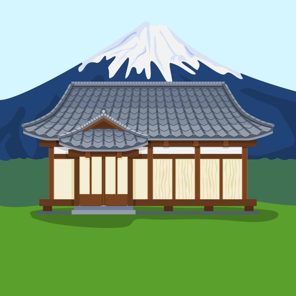 Editable Traditional Japanese House Vector Illustration with Mount Fuji Background for Tourism Travel and Culture or History Education
