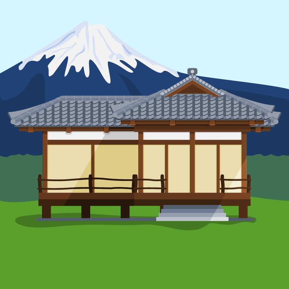 Editable Vector Illustration of Traditional Japanese House with Mount Fuji Background for Tourism Travel and Culture or History Education