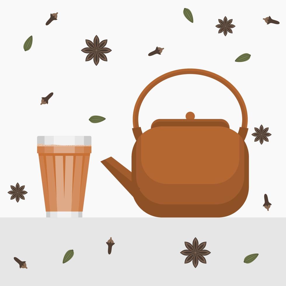 té indio o paquistaní masala chai editable en una taza de vidrio y una ilustración vectorial de un hervidor de cerámica con un patrón de ingredientes para el elemento artístico de las bebidas con la cultura y la tradición del sur de Asia vector